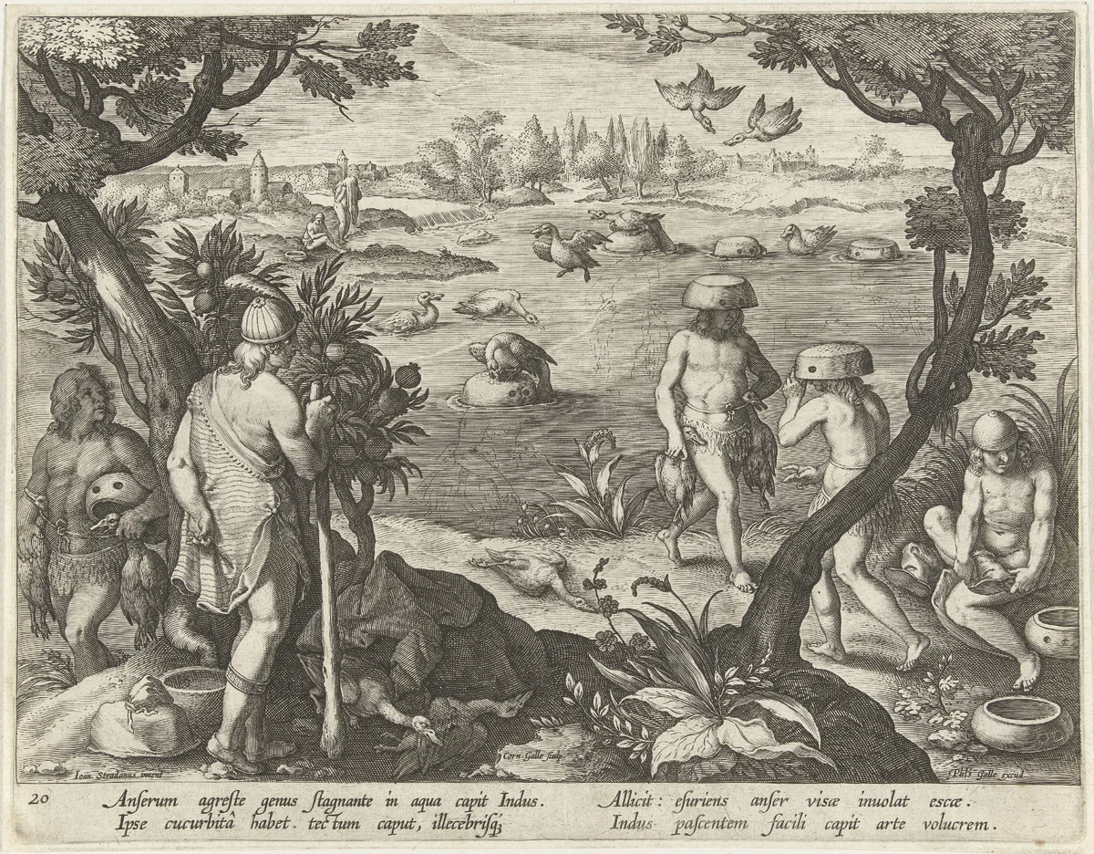 Eendenjacht bij oorspronkelijke bewoners van Amerika by Unknown, print, 1594-1598