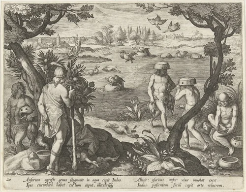 Eendenjacht bij oorspronkelijke bewoners van Amerika by Unknown, print, 1594-1598