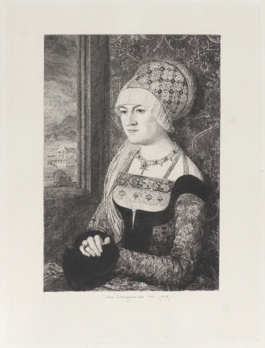 Portrait of a Woman, after Bernhard Strigel, from "Etchings of Pictures in the Metropolitan Museum New York" by Jules Ferdinand Jacquemart, print, 1871