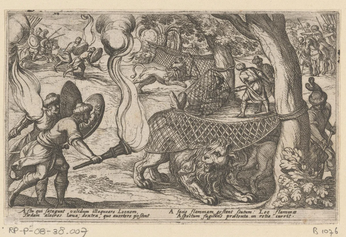 Jagers vangen leeuwen by Antonio Tempesta, print, 1602