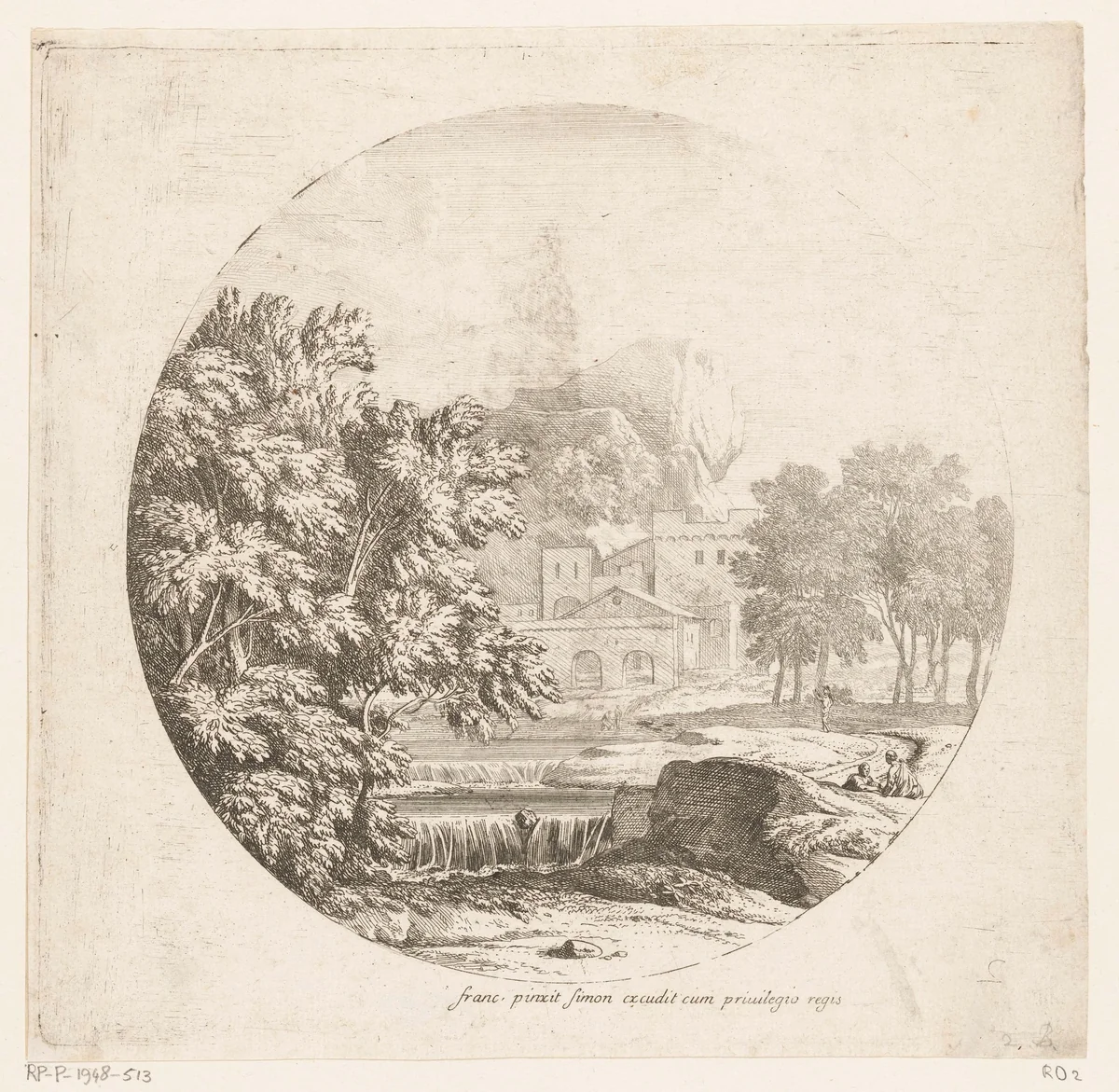 Arcadisch landschap met een dubbele cascade by Théodore, print, 1690-1730
