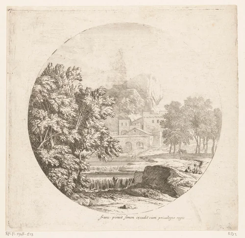 Arcadisch landschap met een dubbele cascade by Théodore, print, 1690-1730