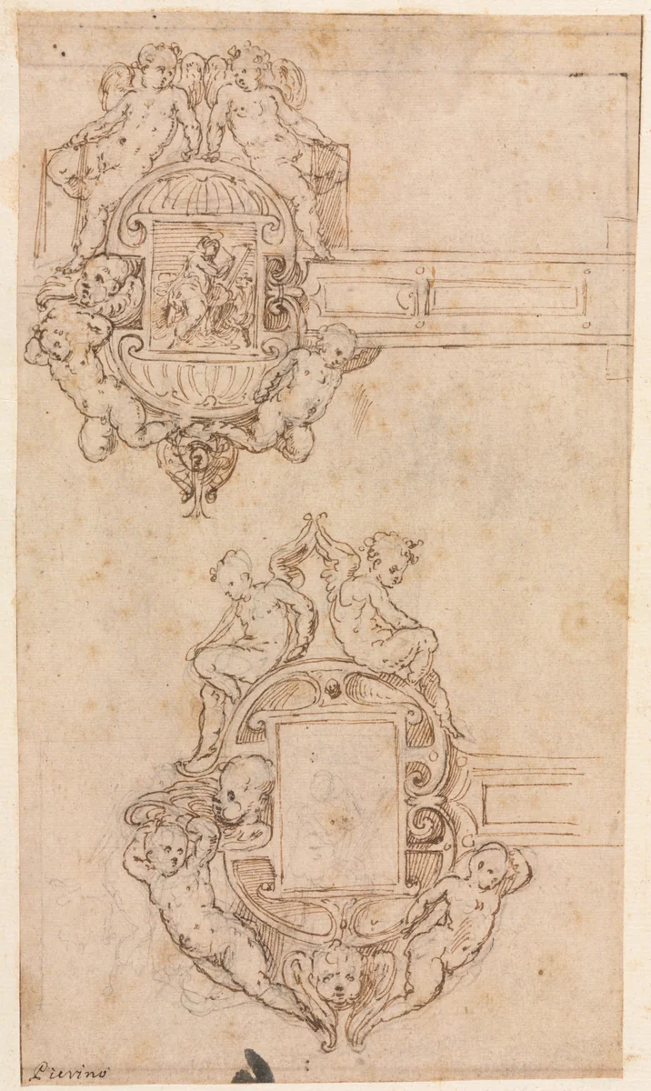 Design for Decorative Hinges (recto) by Luzio Romano, drawing, 1530-1570