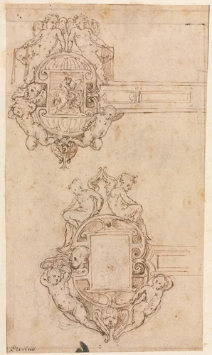 Design for Decorative Hinges (recto) by Luzio Romano, drawing, 1530-1570