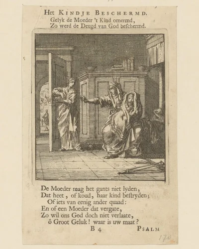 Kind gewikkeld in een dikke deken, terwijl iemand de deur dicht doet by Jan Luyken, print, 1712