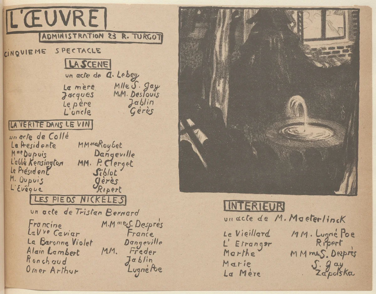 Program for The Scene (La Scène), Truth in Wine (La Vérité dans le vin), Nickel-plated feet (Les Pieds nickelés) and Interior (Intérieur) from The Beraldi Album of Theatre Programs by Maurice Denis, print, 1895