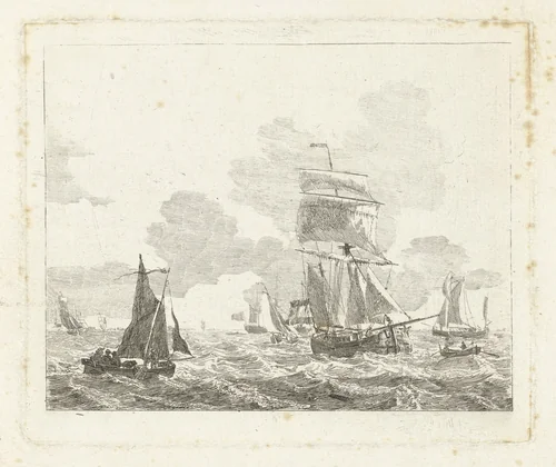 Zeilschepen op onrustig water by Gerrit Groenewegen, print, 1786