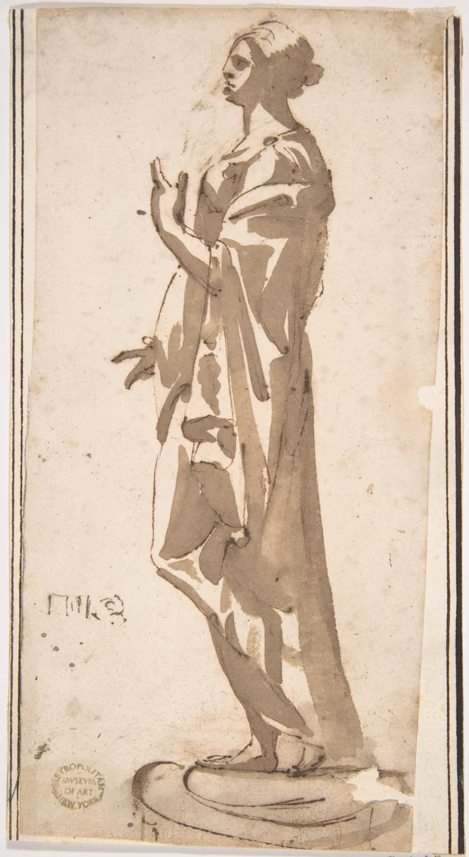 Statue of a Draped Female Figure by anonymous, drawing, 1600-1699