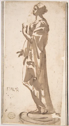 Statue of a Draped Female Figure by anonymous, drawing, 1600-1699