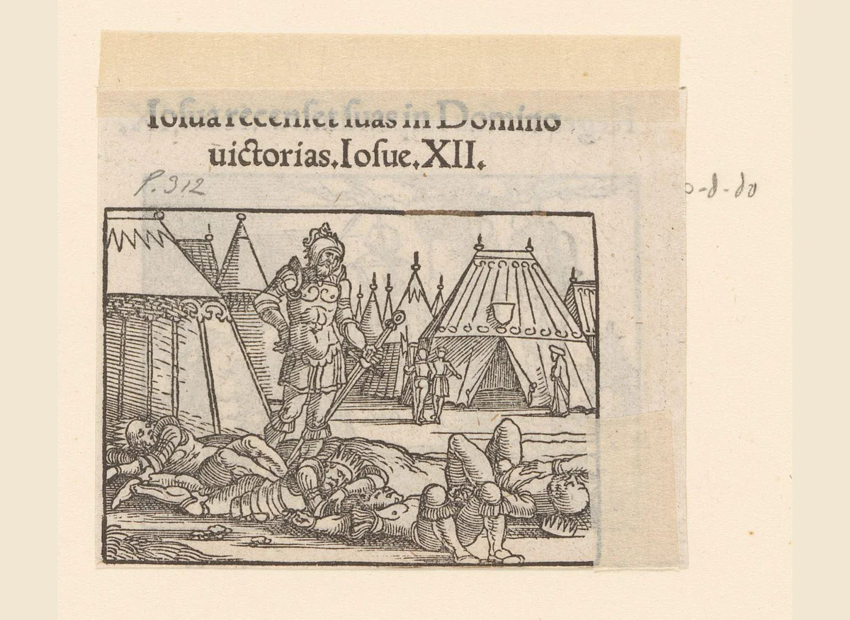 Joshua staande bij de lichamen van vier verslagen koningen by anonymous, print, 1530-1533