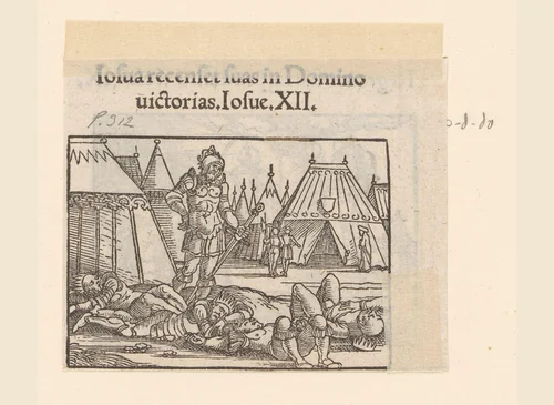 Joshua staande bij de lichamen van vier verslagen koningen by anonymous, print, 1530-1533