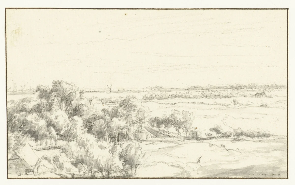 Gezicht vanaf de duinen over uitgestrekt landschap by anonymous, drawing, 1600-1699