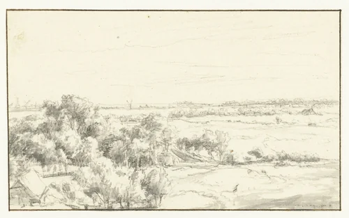 Gezicht vanaf de duinen over uitgestrekt landschap by anonymous, drawing, 1600-1699