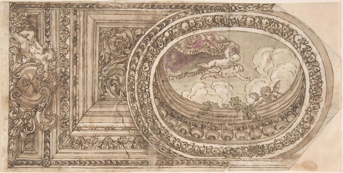 Design for a Ceiling with an Oval Trompe L'Oeil Painting by anonymous, drawing, 1600-1699