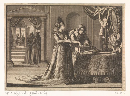 Vermomd als juwelier brengt Gustaaf II Adolf zijn eerste bezoek aan zijn verloofde Maria Eleonora van Brandenburg, 1620 by Jan Luyken, print, 1698