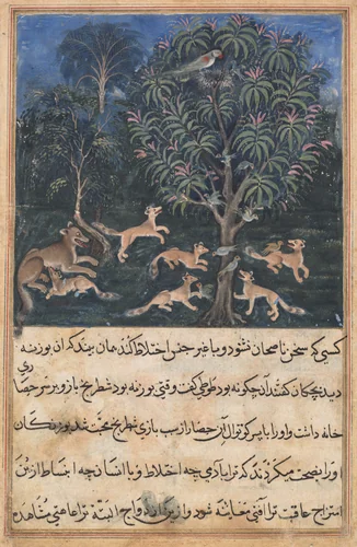 The parrot mother cautions her young on the danger of playing with foxes, from a Tuti-nama (Tales of a Parrot): Fifth Night by Dasavanta, painting, 1555-1565