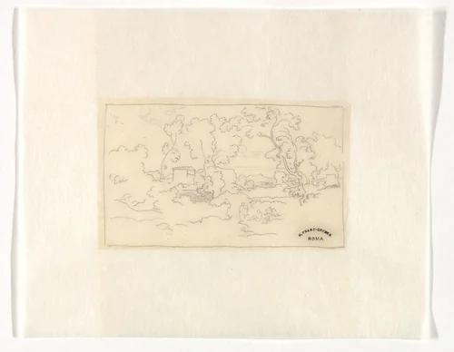 Southern landscape with a building and figures by Heinrich Dreber, drawing, 1850-1863