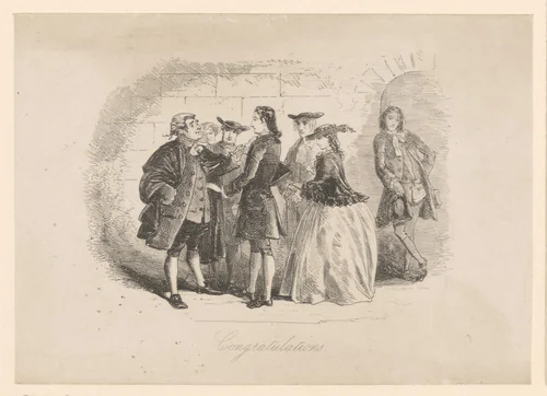 Meneer Stryver en Jarvis Lorry in gesprek voor een muur, om hen heen vijf andere figuren by Hablot Knight Browne, print, 1859