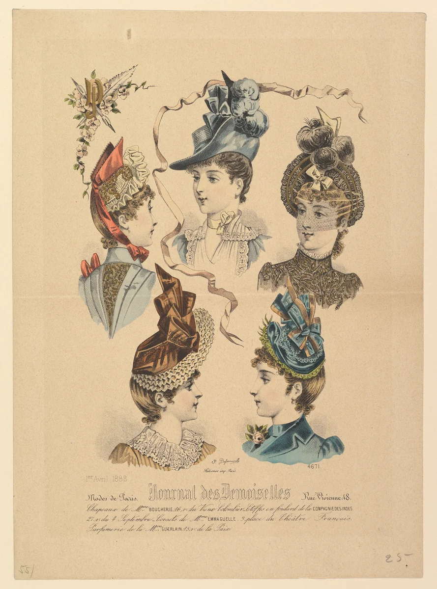 Ladies' Hats, No. 4671, from Journal des Demoiselles by Paul Deferneville, print, 1888