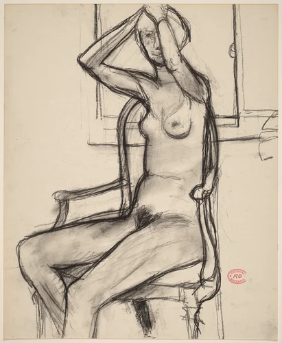Untitled [nude in an armchair adjusting her hair] by Richard Diebenkorn, drawing, 1955-1967