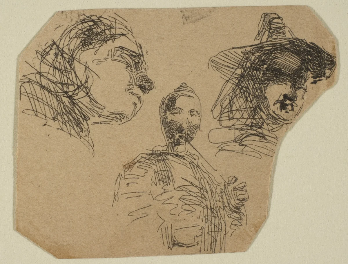 Two Female Heads and Standing Figure (from Sketches on the Coast Survey Plate) by James McNeill Whistler, print, 1854-1855