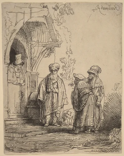 Three Oriental Figures (Jacob and Laban?) by Rembrandt van Rijn, print, 1641