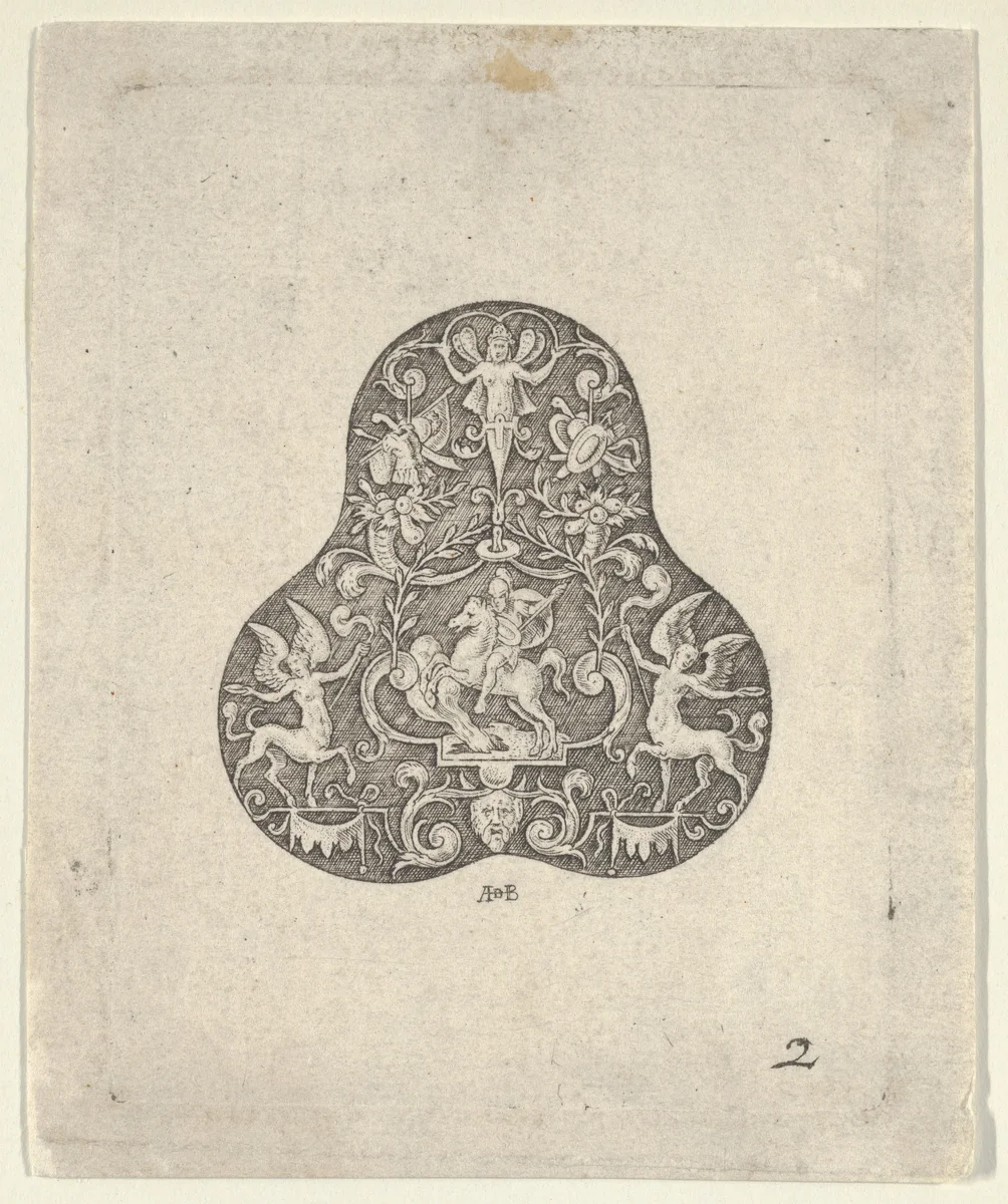Vertical Panel with a Pear Shaped Design with a Mounted Soldier and Centaurs by Abraham de Bruyn, print, 1580-1600