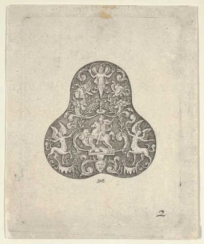 Vertical Panel with a Pear Shaped Design with a Mounted Soldier and Centaurs by Abraham de Bruyn, print, 1580-1600