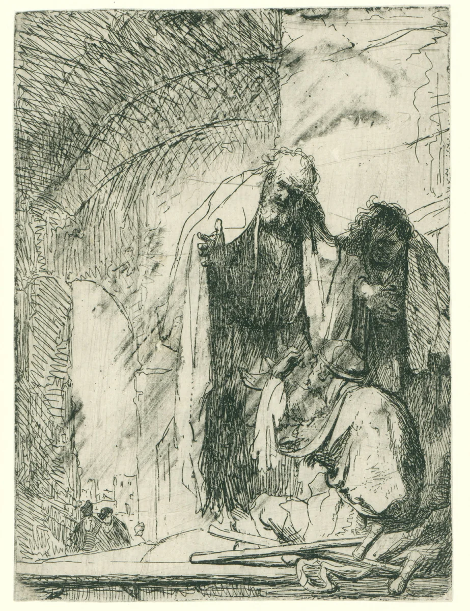 Petrus en Johannes bij de tempelpoort by Rembrandt van Rijn, print, 1629