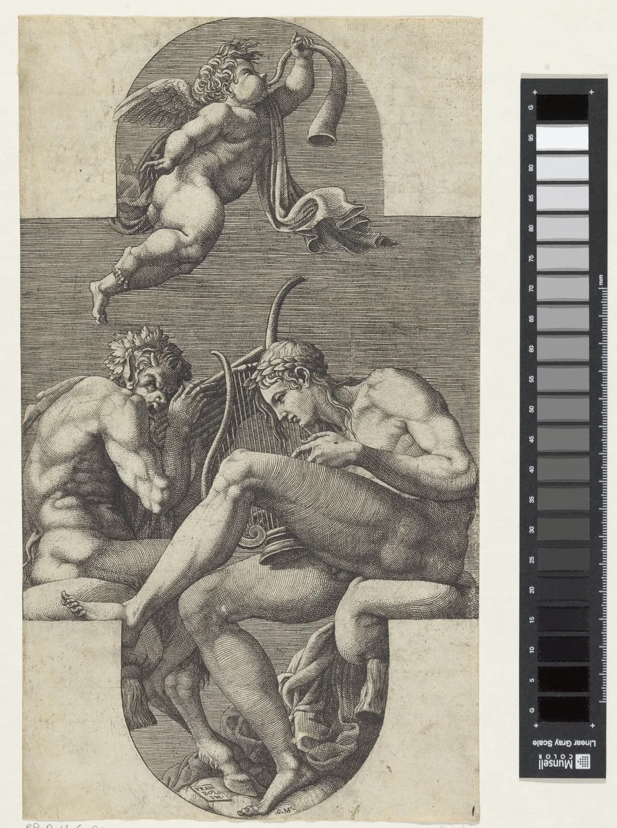 Apollo, Pan en een putto die op een hoorn blaast by Unknown, print, 1541-1582