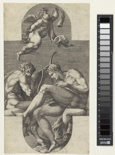 Apollo, Pan en een putto die op een hoorn blaast by Unknown, print, 1541-1582