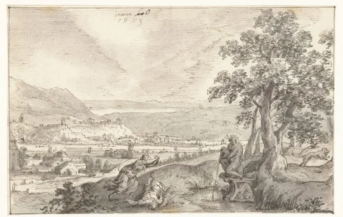 Pyramus en Thisbe by Hans Bol, drawing, 1573