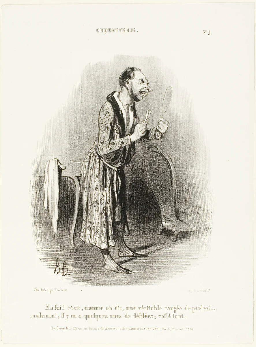 “Well...as the saying goes, like a genuine string of pearls, .... only some of them have become unthreaded, that's all!,” plate 9 from Coquetterie by Honoré-Victorin Daumier, print, 1840