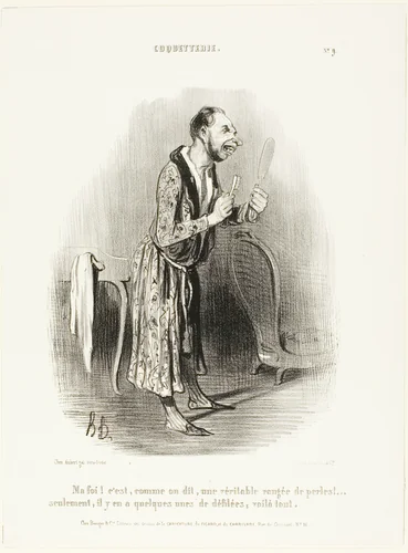 “Well...as the saying goes, like a genuine string of pearls, .... only some of them have become unthreaded, that's all!,” plate 9 from Coquetterie by Honoré-Victorin Daumier, print, 1840