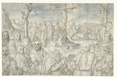 Kruisiging met een stichter en zijn familie by Unknown, drawing, 1585-1590