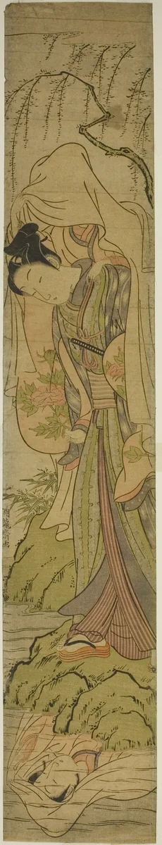 Young Man Carrying a Girl Sees her Reflection in the Water by Isoda Koryusai, print, 1766-1776