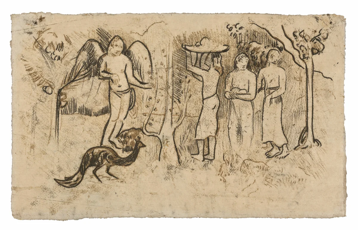 Angel, Peacock, and Three Tahitians by Paul Gauguin, print, 1902