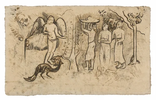 Angel, Peacock, and Three Tahitians by Paul Gauguin, print, 1902