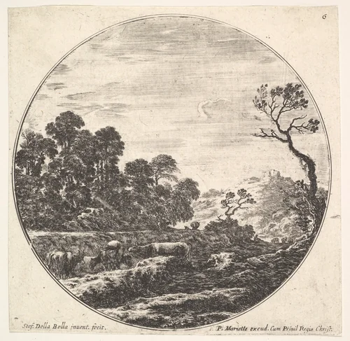 Plate 6: cows crossing a valley to left, a group of trees to left, a horseman and other cows in the background, from "Roman landscapes and ruins" (Paysages et ruines de Rome) by Stefano della Bella, print, 1643-1648