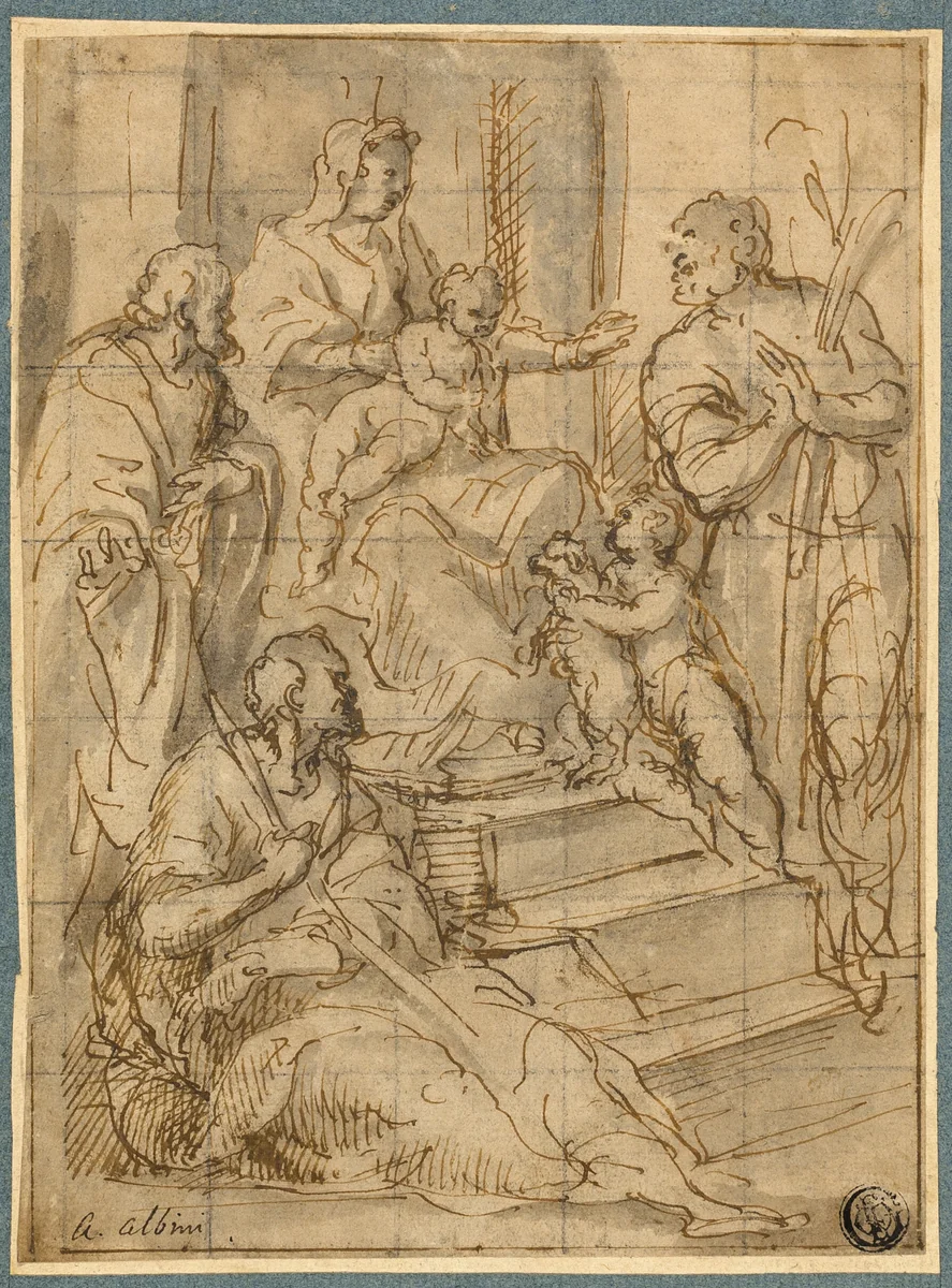 Holy Family with the Infant Saint John the Baptist and Two Male Saints by Alessandro Albini, drawing, 1588-1646