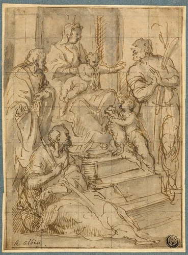 Holy Family with the Infant Saint John the Baptist and Two Male Saints by Alessandro Albini, drawing, 1588-1646