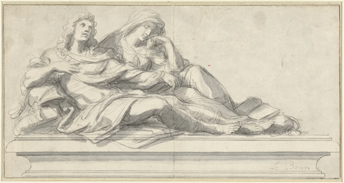 Sarcofaag met daarop twee figuren by Charles Le Brun, drawing, 1630-1690