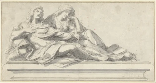 Sarcofaag met daarop twee figuren by Charles Le Brun, drawing, 1630-1690