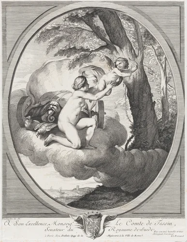 Venus and Cupid on a Cloud by Johann Justin Preissler, print, 1730-1767
