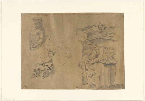 Slapende vrouw, kind in wieg, vrouw met kind en man by Leonaert Bramer, drawing, 1606-1674