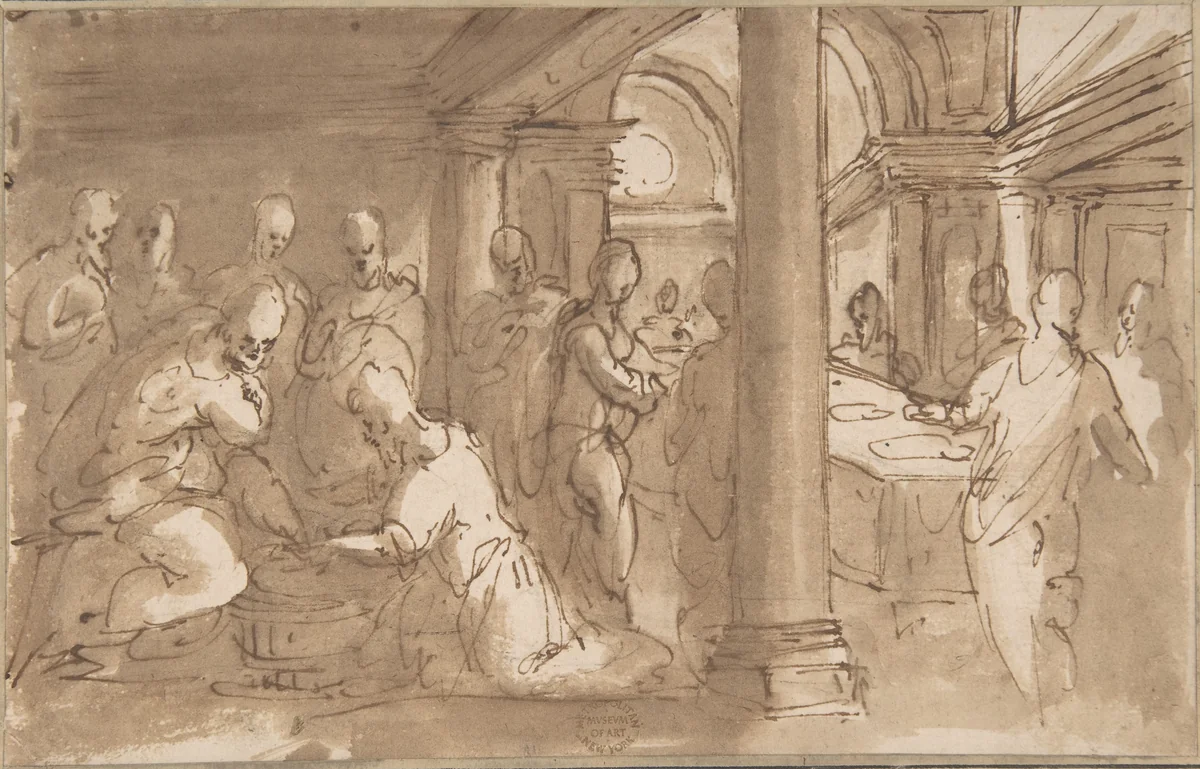 Christ Washing the Feet of the Disciples by anonymous, drawing, 1600-1700