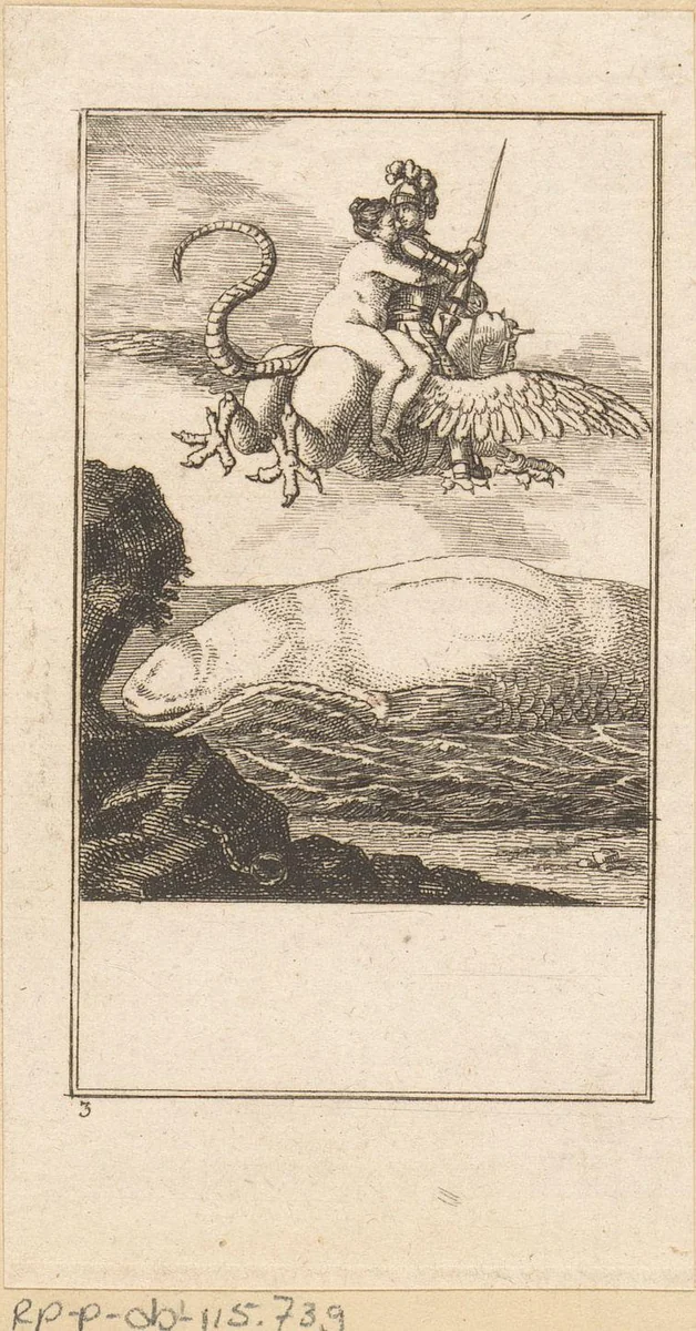 Ruggiero en Bradamante op de hippogrief by Louis Wilhelm Chodowiecki, print, 1771-1772