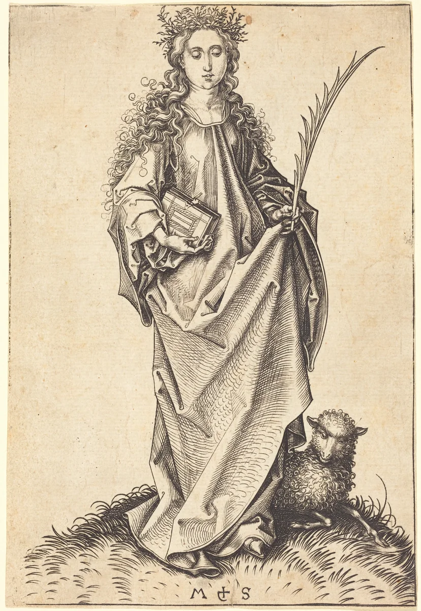 Saint Agnes by Martin Schongauer, print, 1475