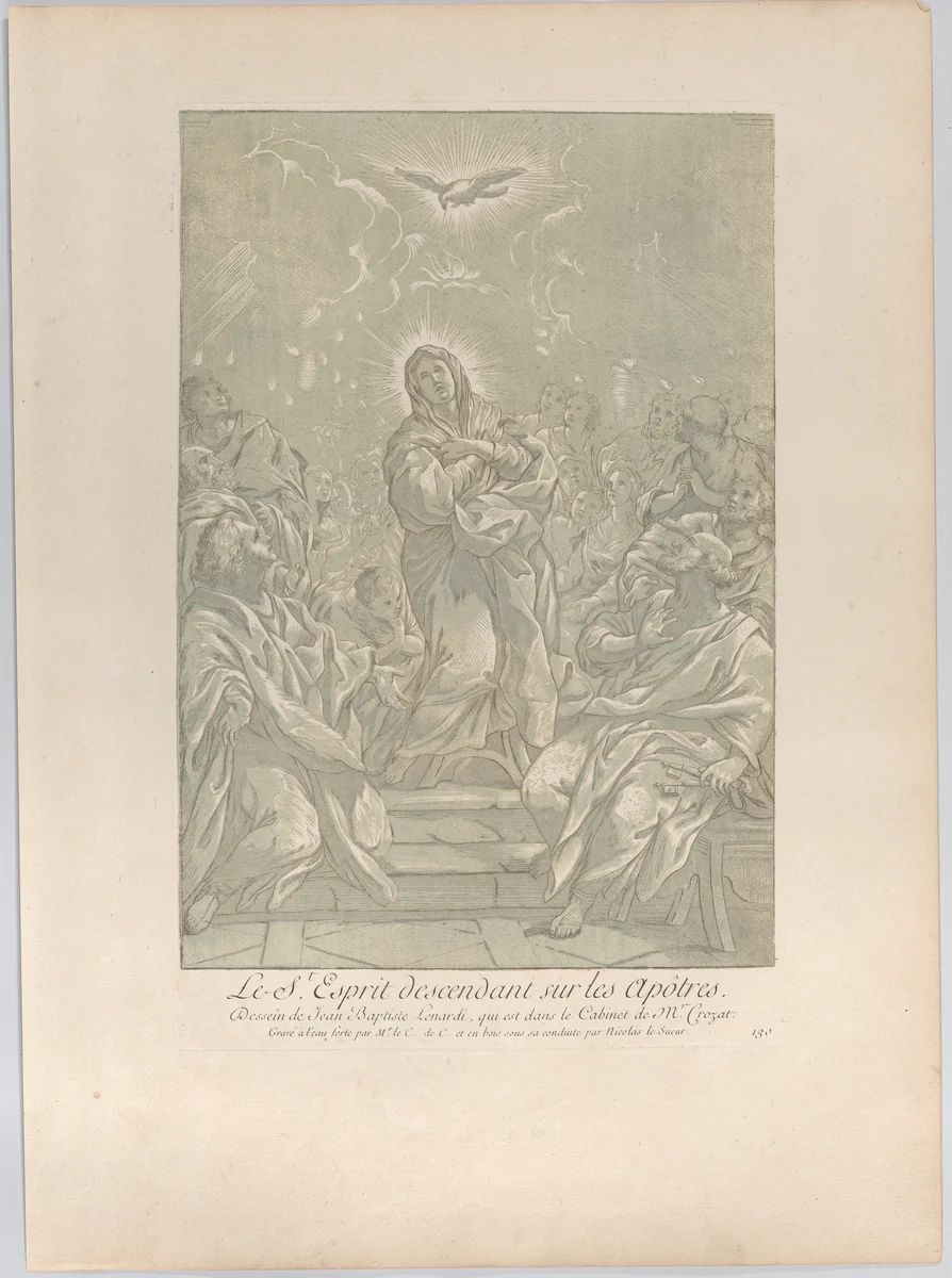 The Pentecost, with the Virgin standing at center, the Holy Spirit above, and Apostles on both sides by Anne Claude Philippe de Tubières, print, 1724-1734