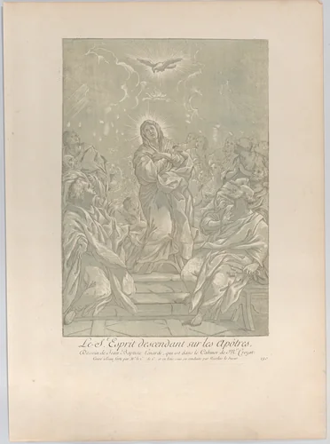 The Pentecost, with the Virgin standing at center, the Holy Spirit above, and Apostles on both sides by Anne Claude Philippe de Tubières, print, 1724-1734